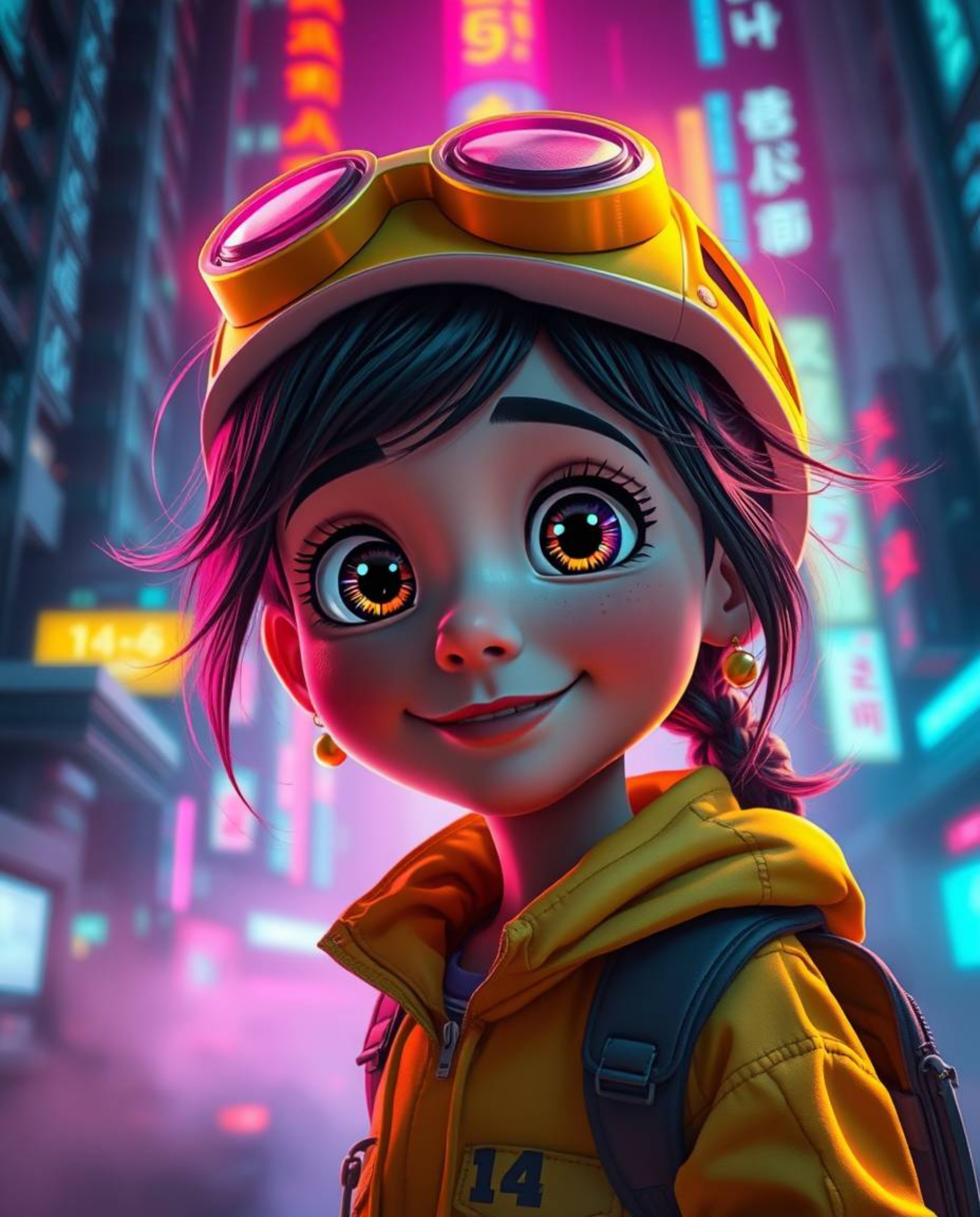 Explore a vibrant futuristic city through the eyes of a young inventor girl in this Pixar-inspired scene. Volumetric lighting