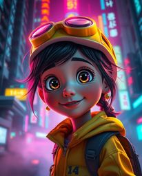 Explore a vibrant futuristic city through the eyes of a young inventor girl in this Pixar-inspired scene. Volumetric lighting