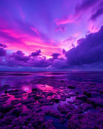 A wet, rainy scene captures a colorful sky over a coral reef at low tide, saturated with deep ultraviolet hues and vivid purp