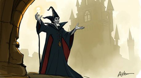 A captivating hand-drawn sketchnote depicts a classic Disney villain casting a spell within a mysterious old castle. The soft