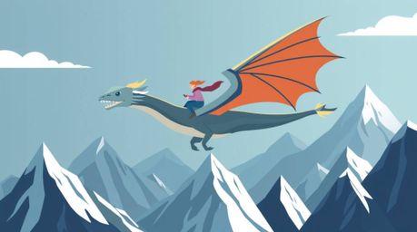 A modern flat design illustration of a dragon and rider gracefully flying above icy mountains, featuring simple two-dimension