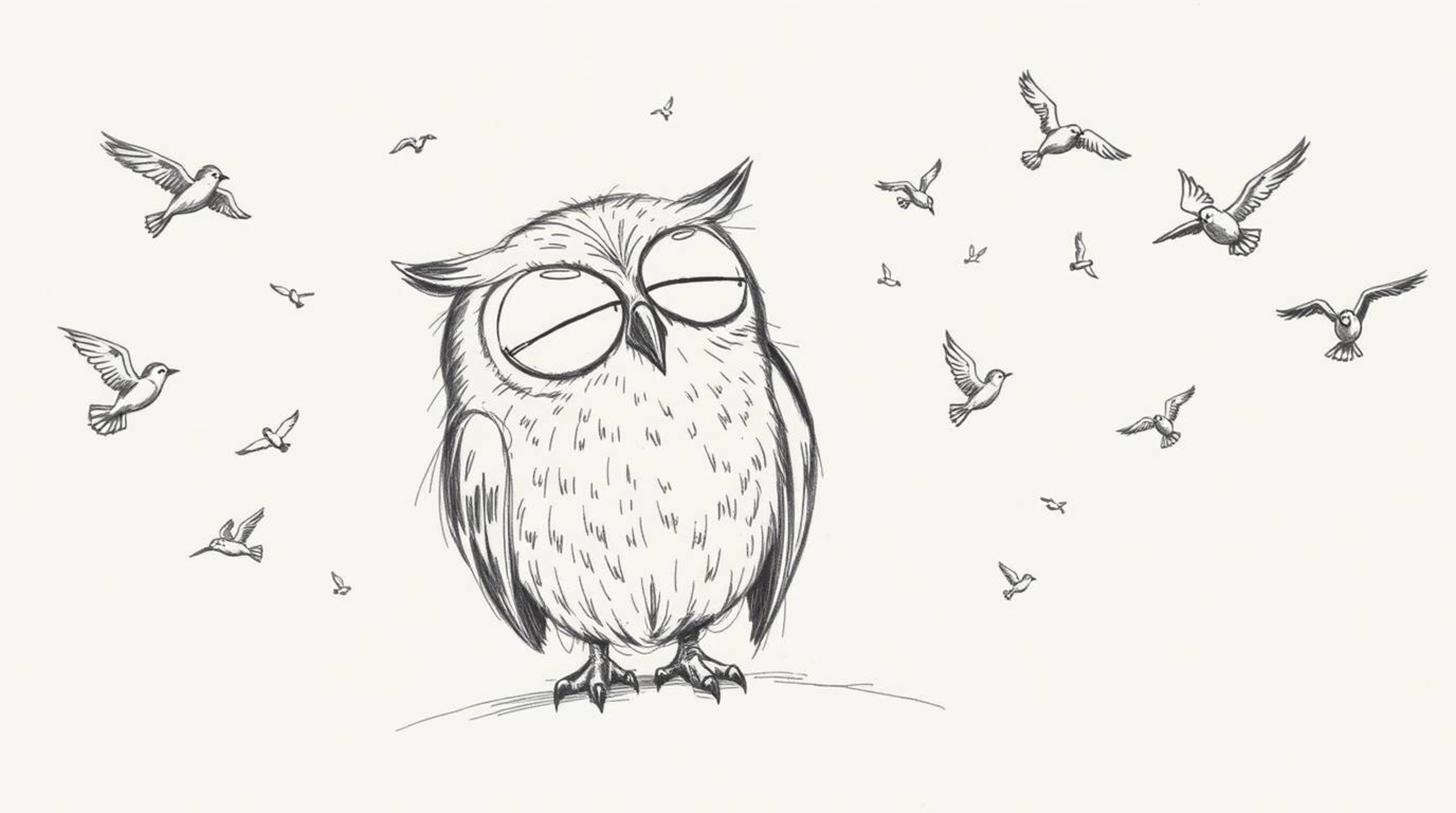 A hand-drawn sketch in Pixar style depicting a blind owl with closed eyes, resting serenely while surrounded by small birds i