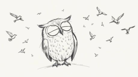 A hand-drawn sketch in Pixar style depicting a blind owl with closed eyes, resting serenely while surrounded by small birds i