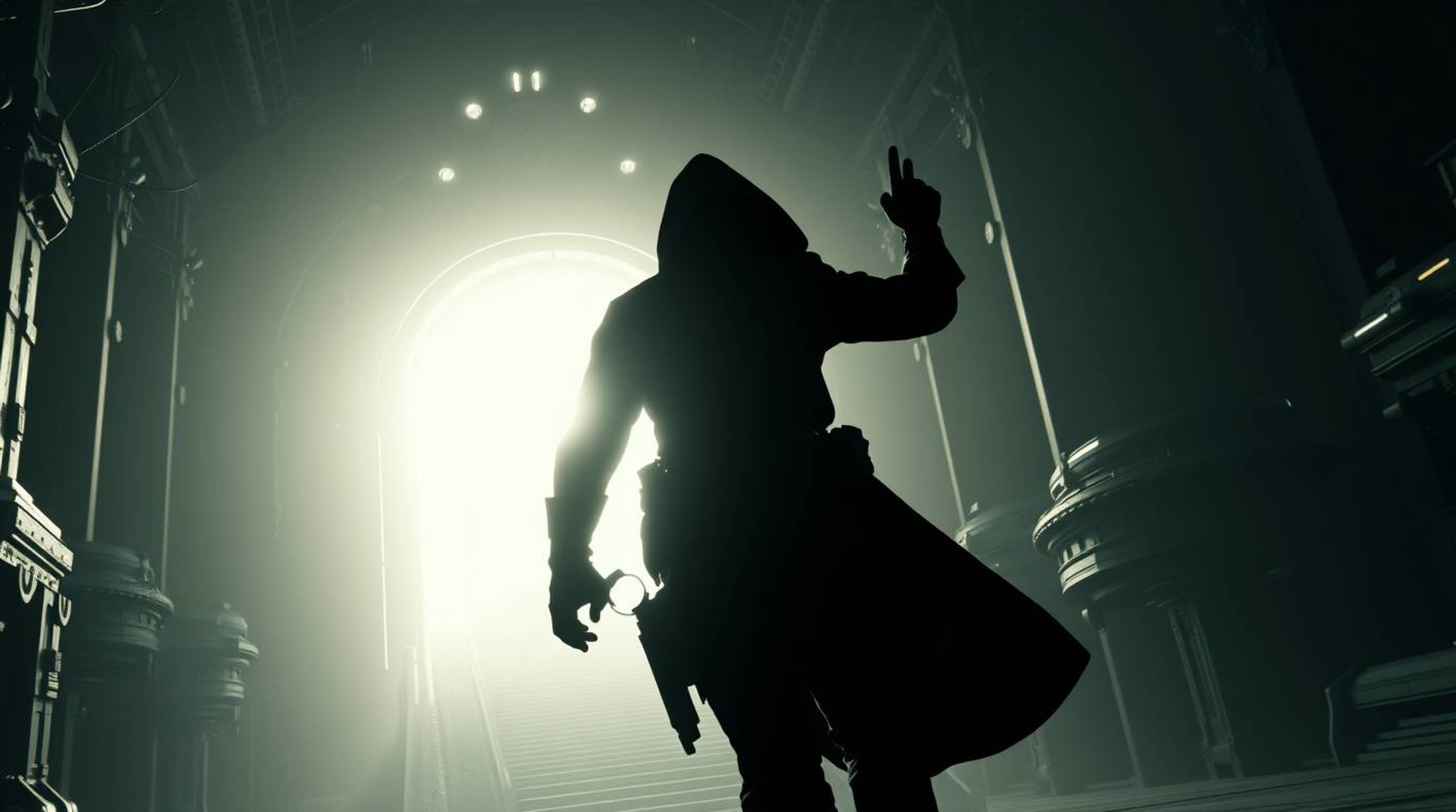 A dramatic scene unfolds with a thief silhouetted against a bright backlight as they sneak into a heavily guarded, futuristic