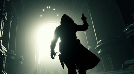 A dramatic scene unfolds with a thief silhouetted against a bright backlight as they sneak into a heavily guarded, futuristic