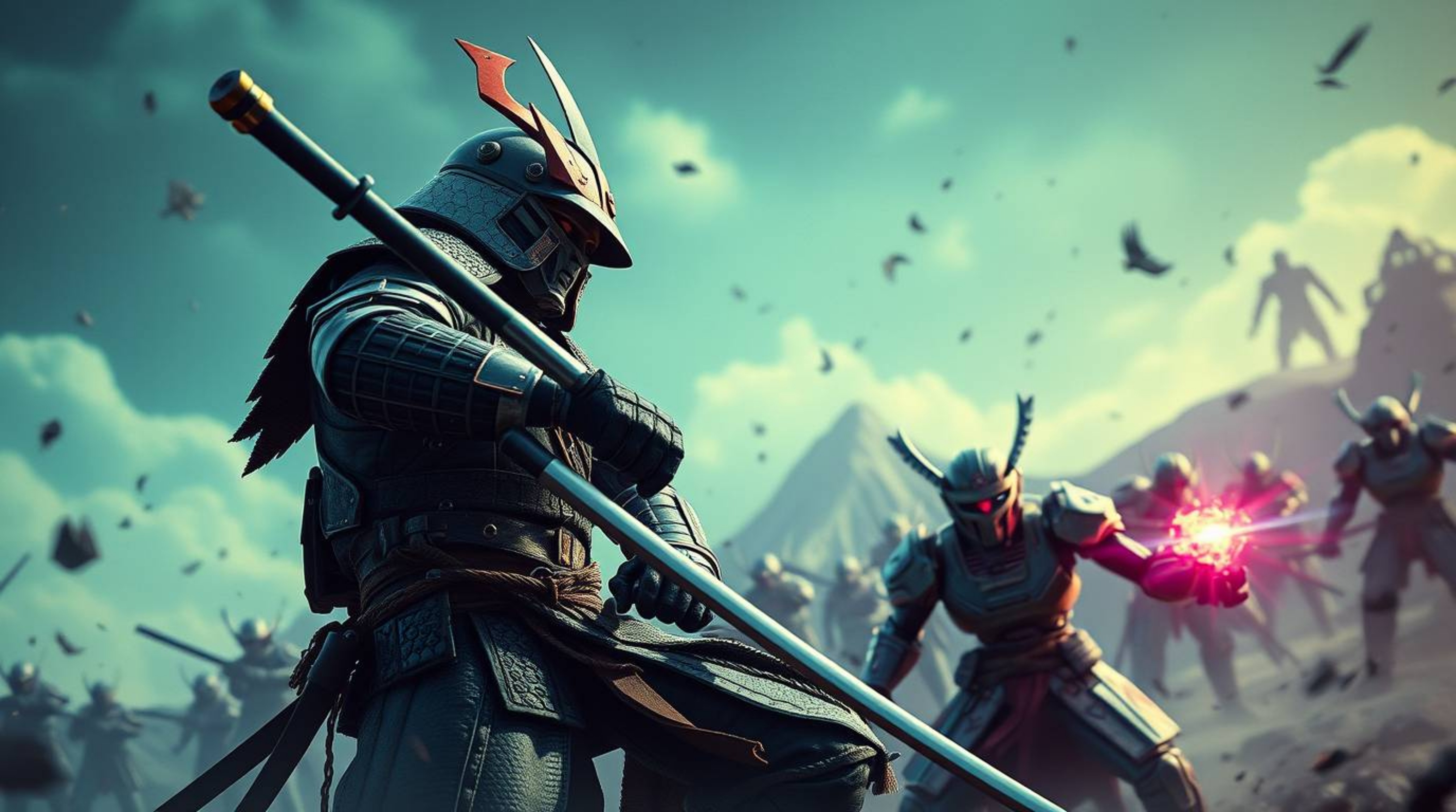 Immerse yourself in a cool-colored, close-up shot depicting a detailed samurai and robot battle within a dystopian world.  Fe
