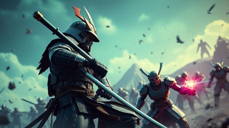 Immerse yourself in a cool-colored, close-up shot depicting a detailed samurai and robot battle within a dystopian world.  Fe