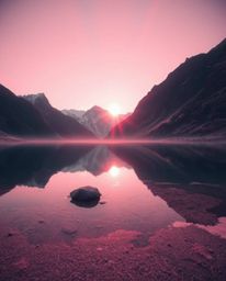 A surreal depiction of a glassy fjord reflecting a sunset, rendered in otherworldly infrared tones. The scene is enhanced by 