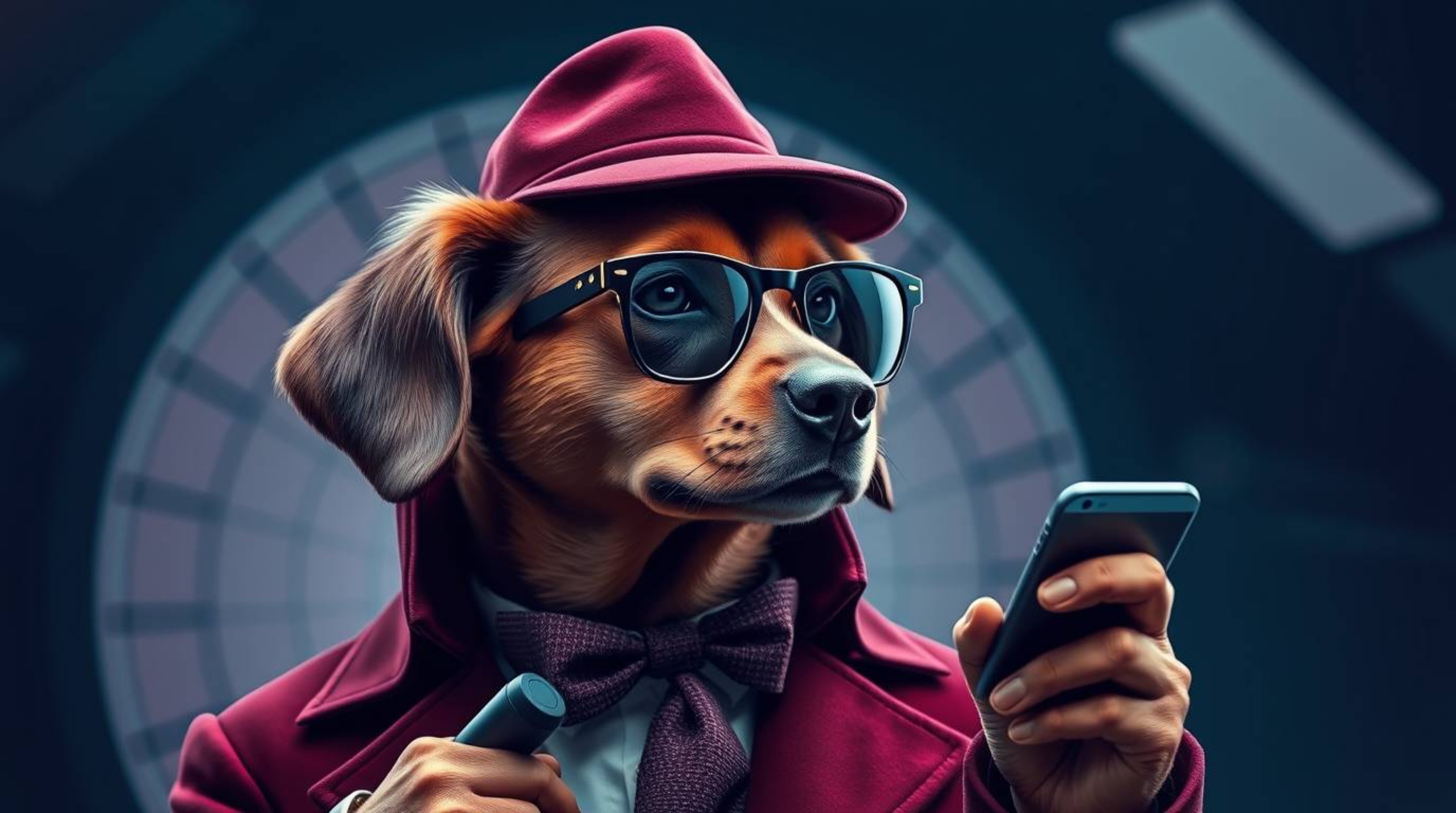 Discover a captivating image of a sophisticated dog detective, expertly utilizing high-tech gadgets. Rendered in rich burgund