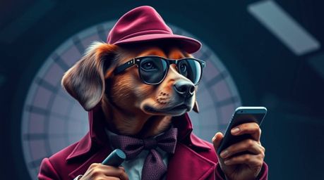 Discover a captivating image of a sophisticated dog detective, expertly utilizing high-tech gadgets. Rendered in rich burgund