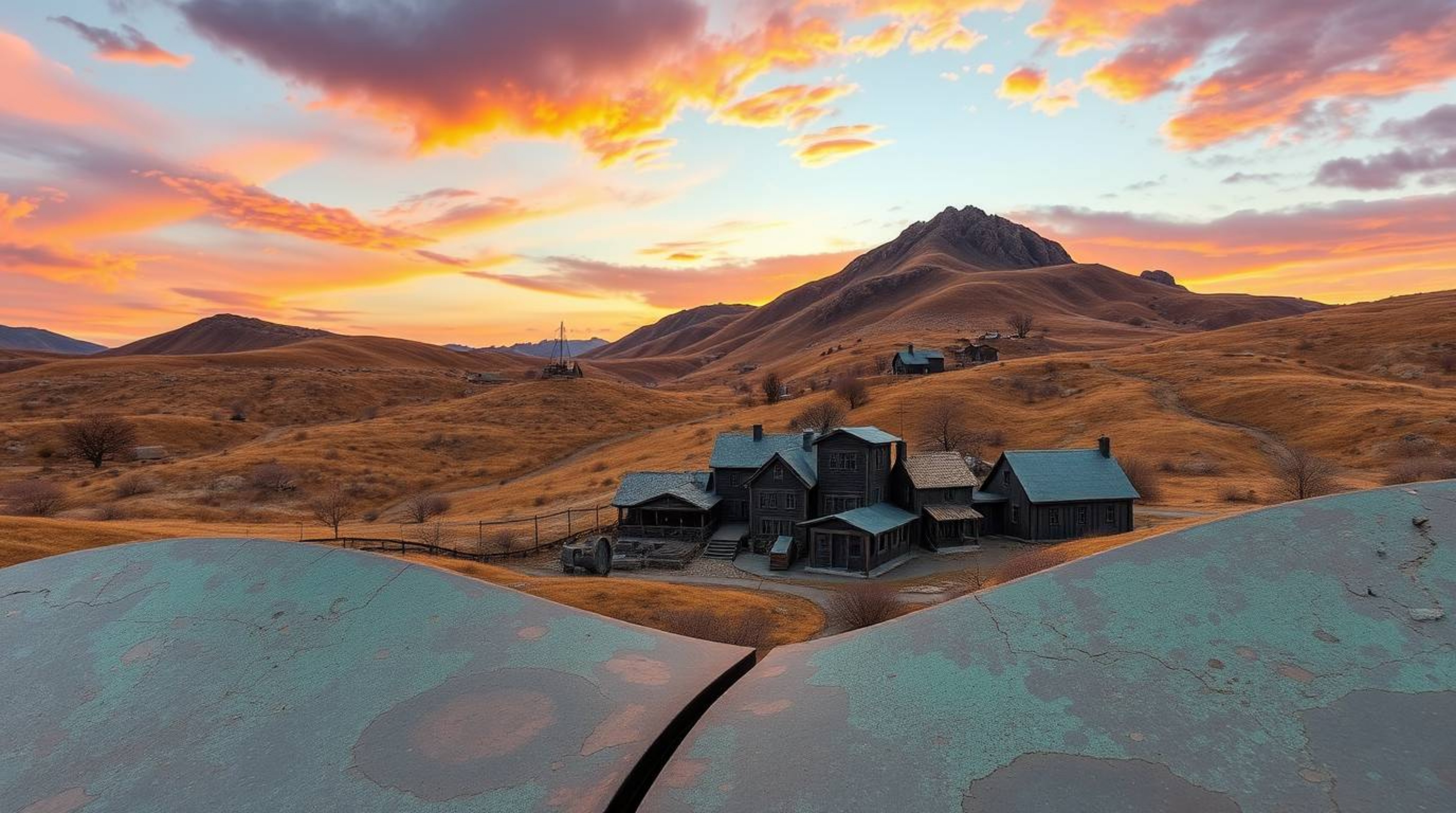 This captivating bronze sculpture depicts a cozy village nestled in a valley under a vibrant, colorful sky. The artwork featu