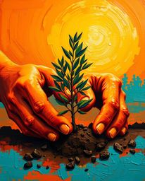A vibrant acrylic painting showcasing a close-up macro view of hands planting a tree under a breathtaking golden sky.  The ar