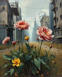 Explore the captivating juxtaposition of beauty and decay in this oil painting depicting vibrant flowers blooming amidst the 