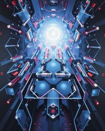 This low-angle, classic oil painting showcases a futuristic digital interface crafted from geometric patterns, creating a stu