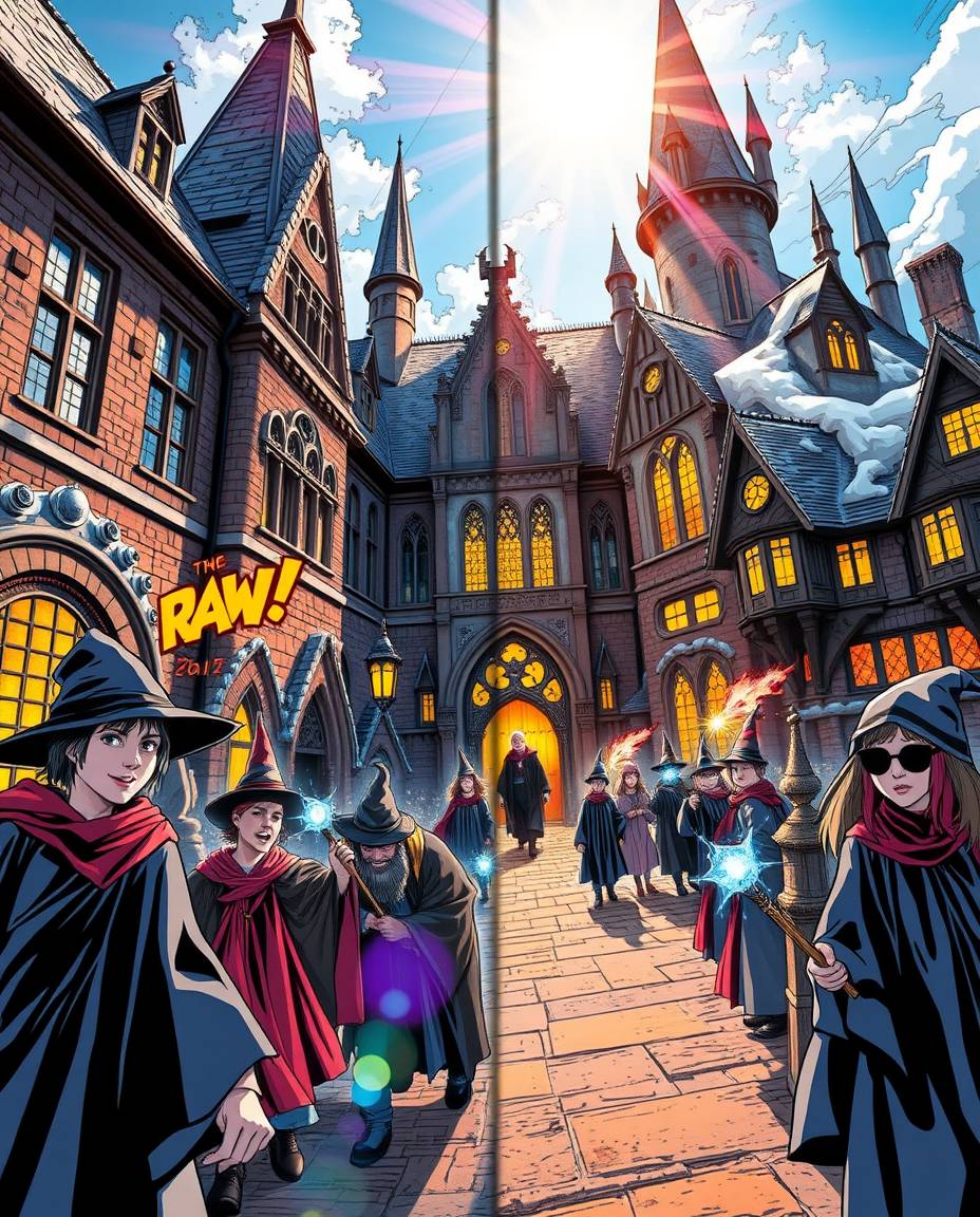 Explore a magical school teeming with young wizards in this dynamic comic book-style depiction. A distinct split screen showc