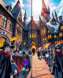 Explore a magical school teeming with young wizards in this dynamic comic book-style depiction. A distinct split screen showc