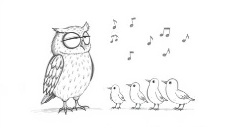 A whimsical, hand-drawn sketch in the style of Pixar depicts a blind owl teaching a group of birds how to fly.  Using musical