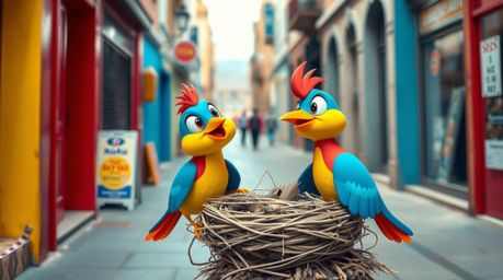 Capture the spontaneous moment of two cartoon birds building a nest in a vibrant urban setting. This classic animation-style