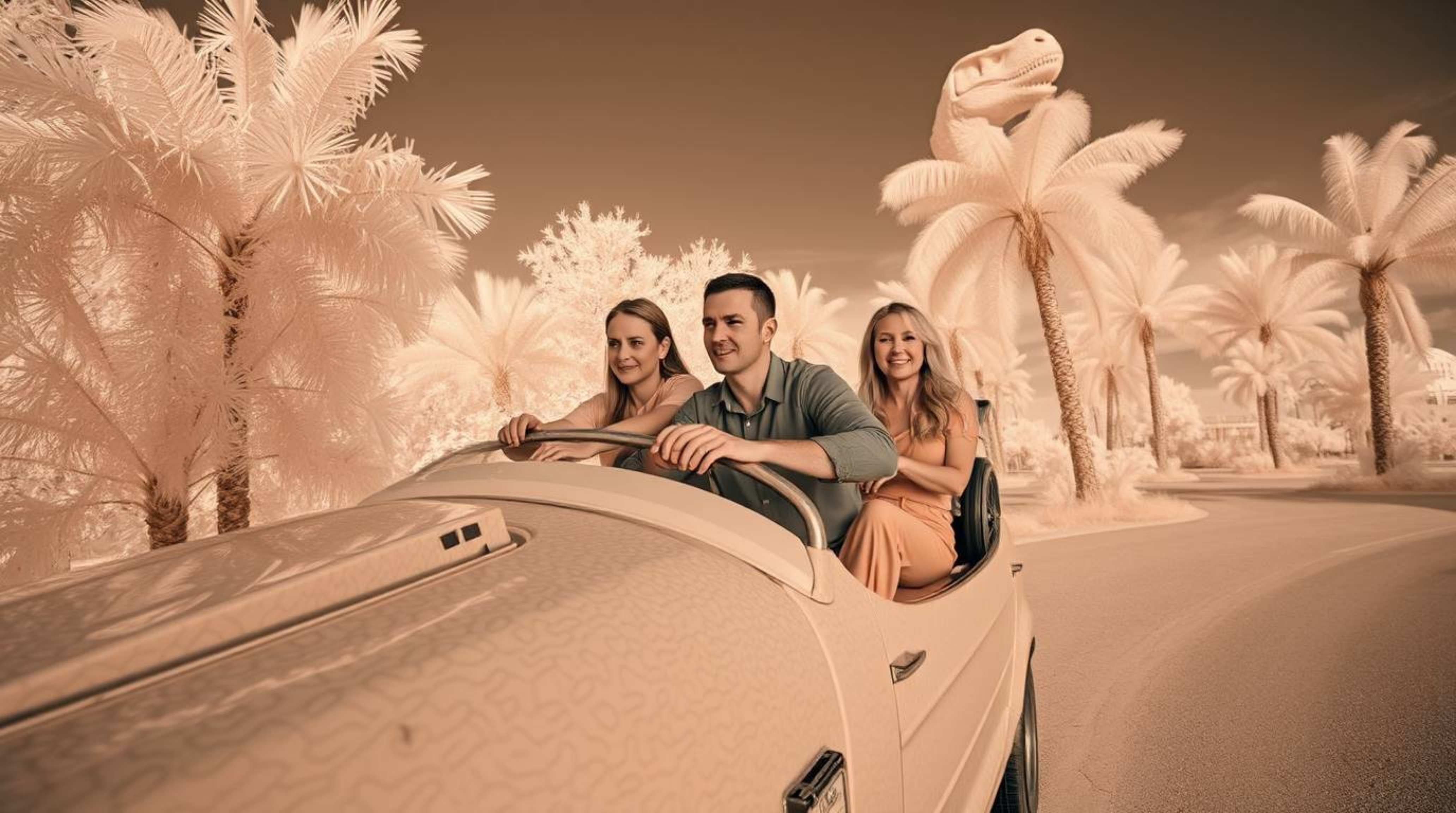 A captivating infrared architectural photograph depicts a pale-skinned prehistoric family riding a dinosaur car.  The image b