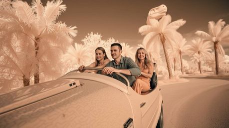 A captivating infrared architectural photograph depicts a pale-skinned prehistoric family riding a dinosaur car.  The image b
