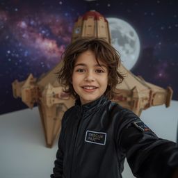A captivating high-fashion photograph in the style of Pixar depicts a young boy, with bright eyes and a joyful smile, in a sl