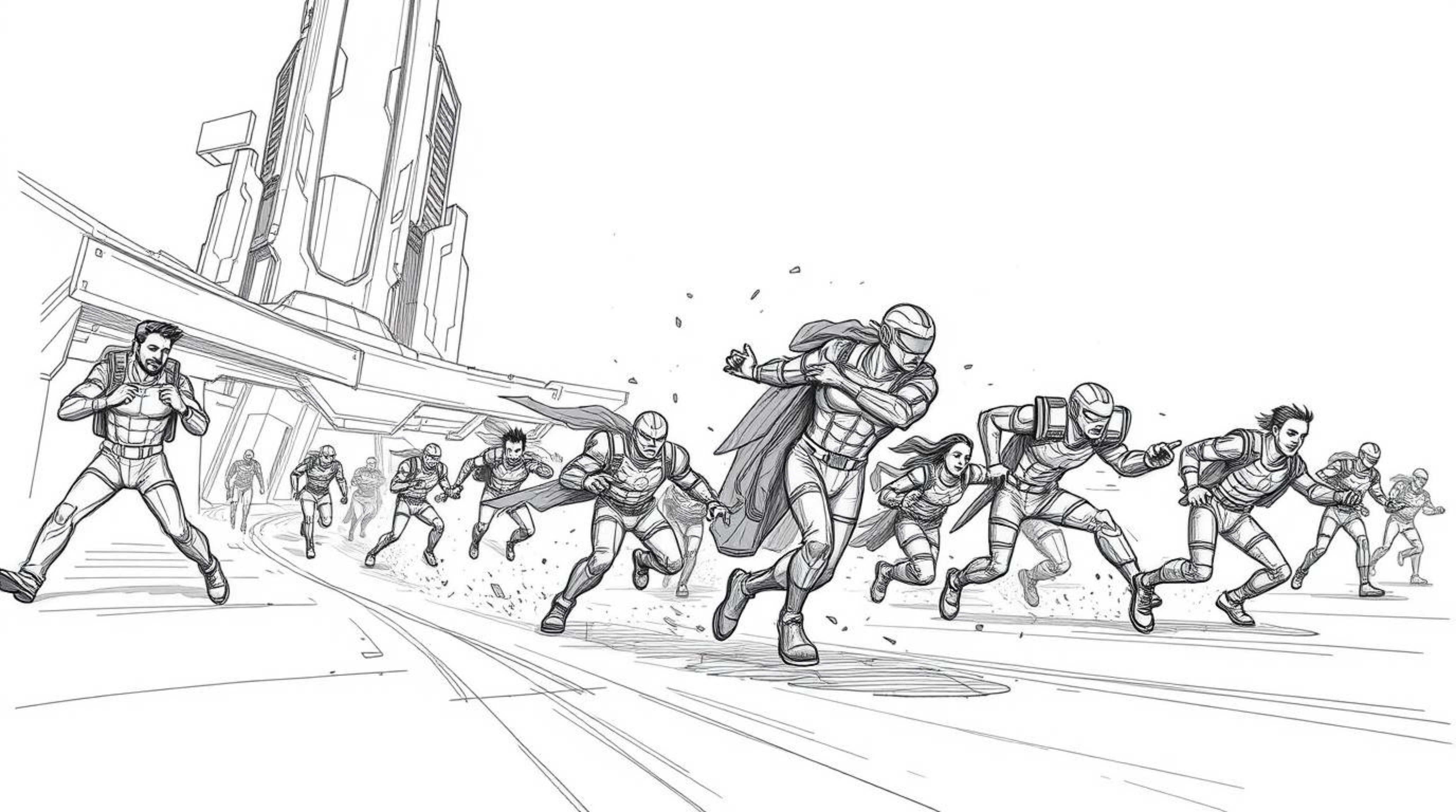 Explore a dynamic hand-drawn sketch depicting an epic chase scene set in a grand, modern future.  Featuring exaggerated squas