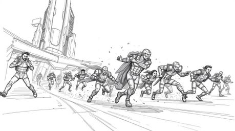 Explore a dynamic hand-drawn sketch depicting an epic chase scene set in a grand, modern future.  Featuring exaggerated squas