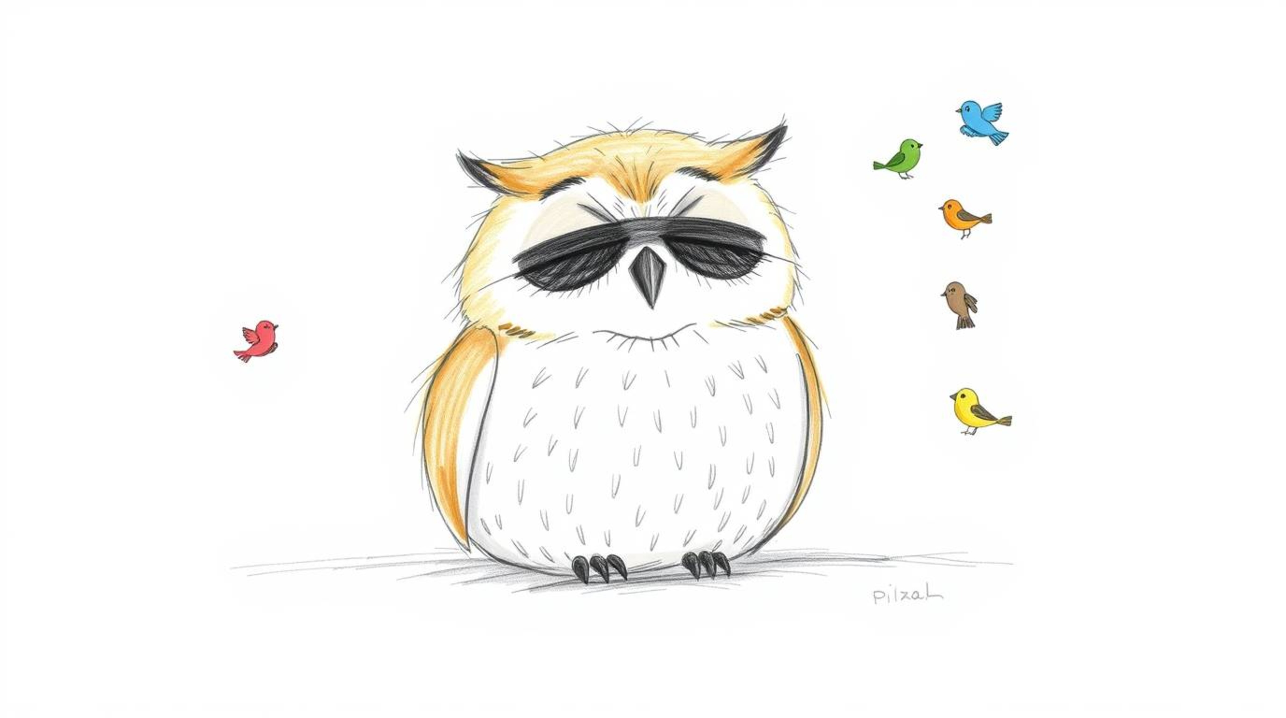 A heartwarming hand-drawn sketch in the style of Pixar depicts a gentle blind owl with soft features and light brown plumage,