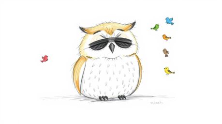 A heartwarming hand-drawn sketch in the style of Pixar depicts a gentle blind owl with soft features and light brown plumage,