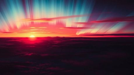 A sophisticated and elegant artwork depicting the Northern Lights emerging over a sunset sky. Rich burgundy and deep blue hue