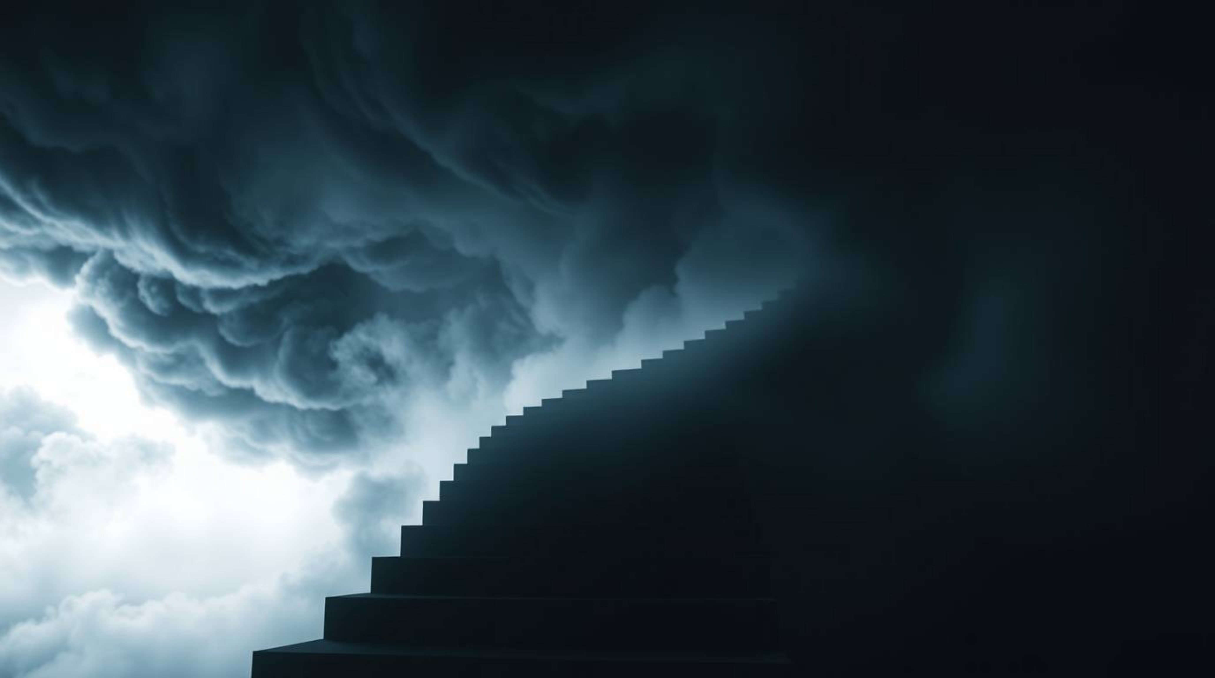 A winding stairway of smoke and light vanishes into a stormy black sky, representing a journey into the unknown. The image ev
