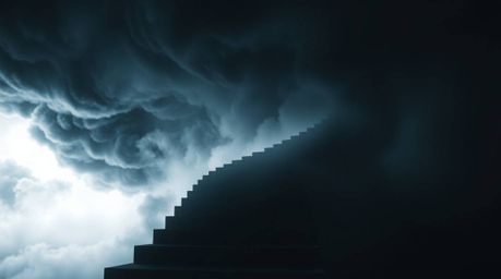 A winding stairway of smoke and light vanishes into a stormy black sky, representing a journey into the unknown. The image ev