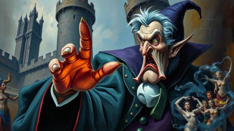 A tight close-up classic oil painting depicts a classic Disney villain casting a spell within the aged walls of an old castle