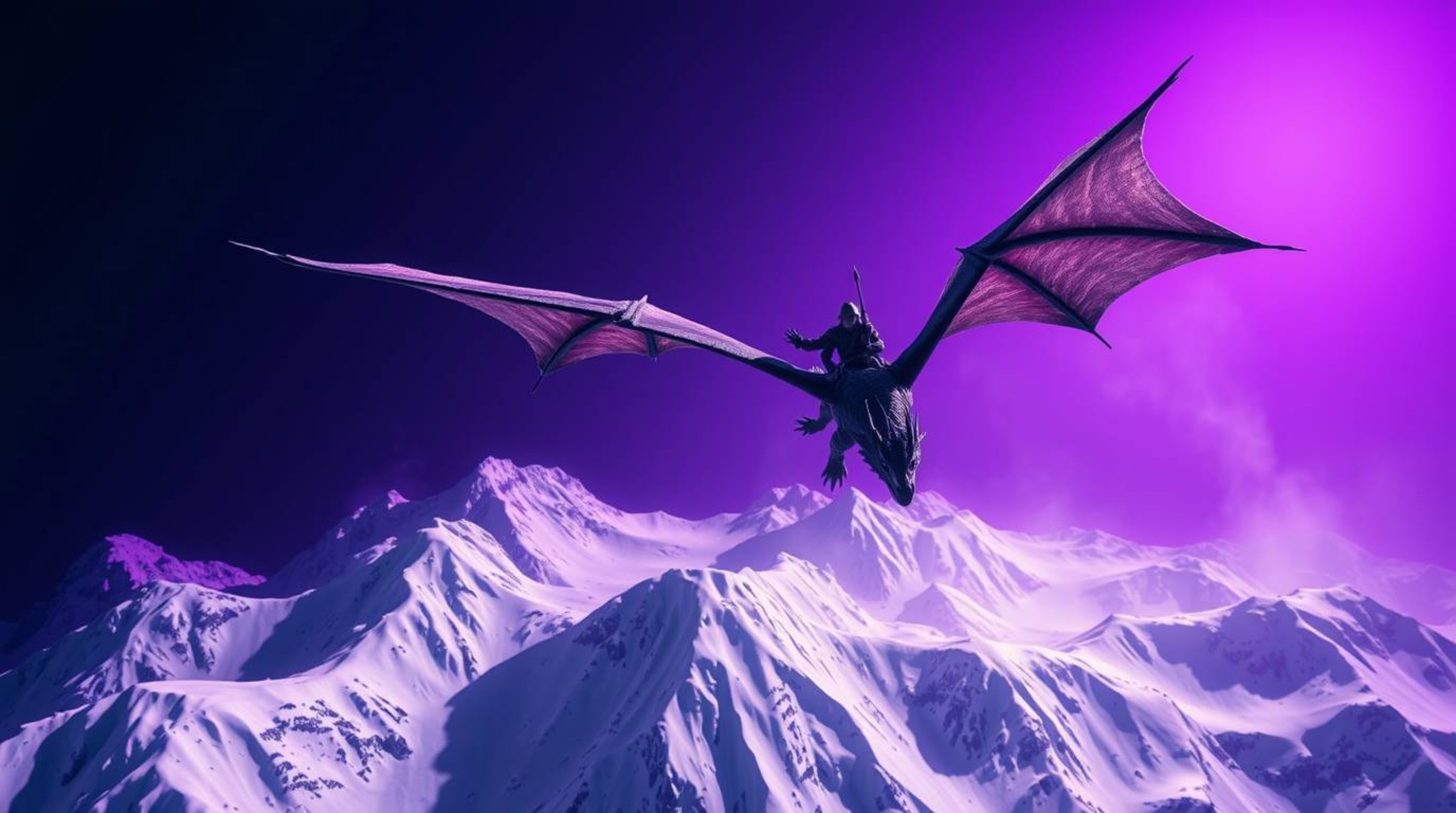 A dramatic scene unfolds with a high-angle perspective, showcasing a dragon and its rider soaring above icy mountains. The vi