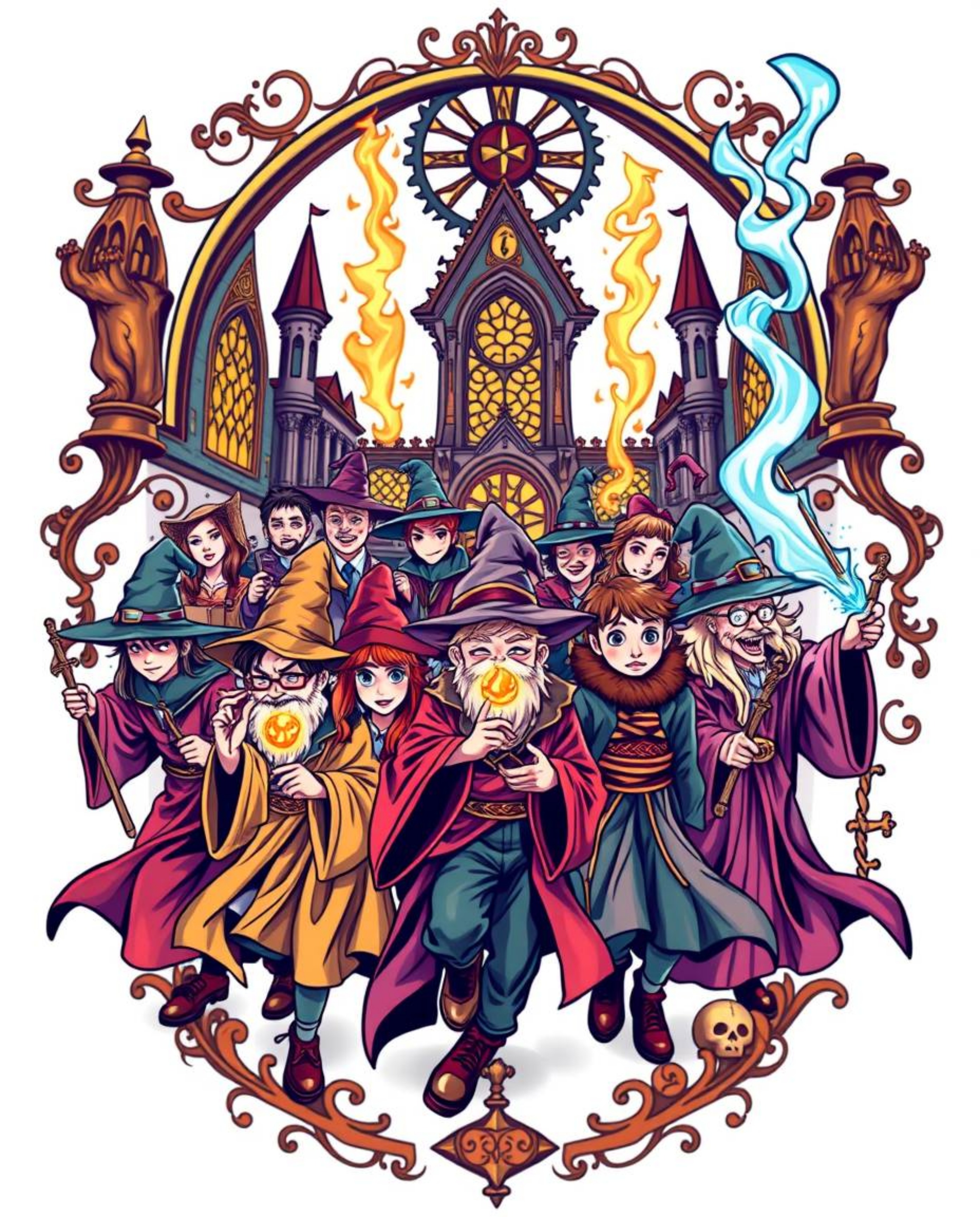 Immerse yourself in a magical school brimming with young wizards rendered in vibrant retro colors and a traditional tattoo ar
