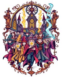Immerse yourself in a magical school brimming with young wizards rendered in vibrant retro colors and a traditional tattoo ar