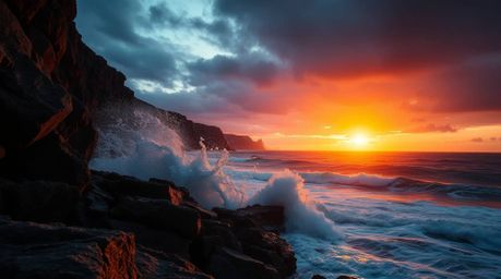 Experience the raw power of nature with this stunning low-angle perspective capturing waves crashing against rugged cliffs. A