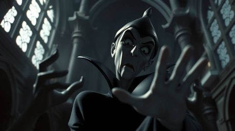 A classic Disney villain with sharp features and pale skin casts a spell within a gothic castle. The image is captured from