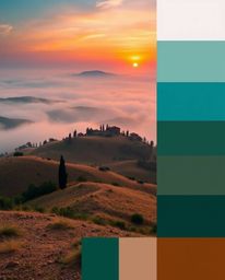 Warm terracotta and cool teal tones define the sunset over misty Tuscan hills. Earthy and cool color contrast emphasizes the 