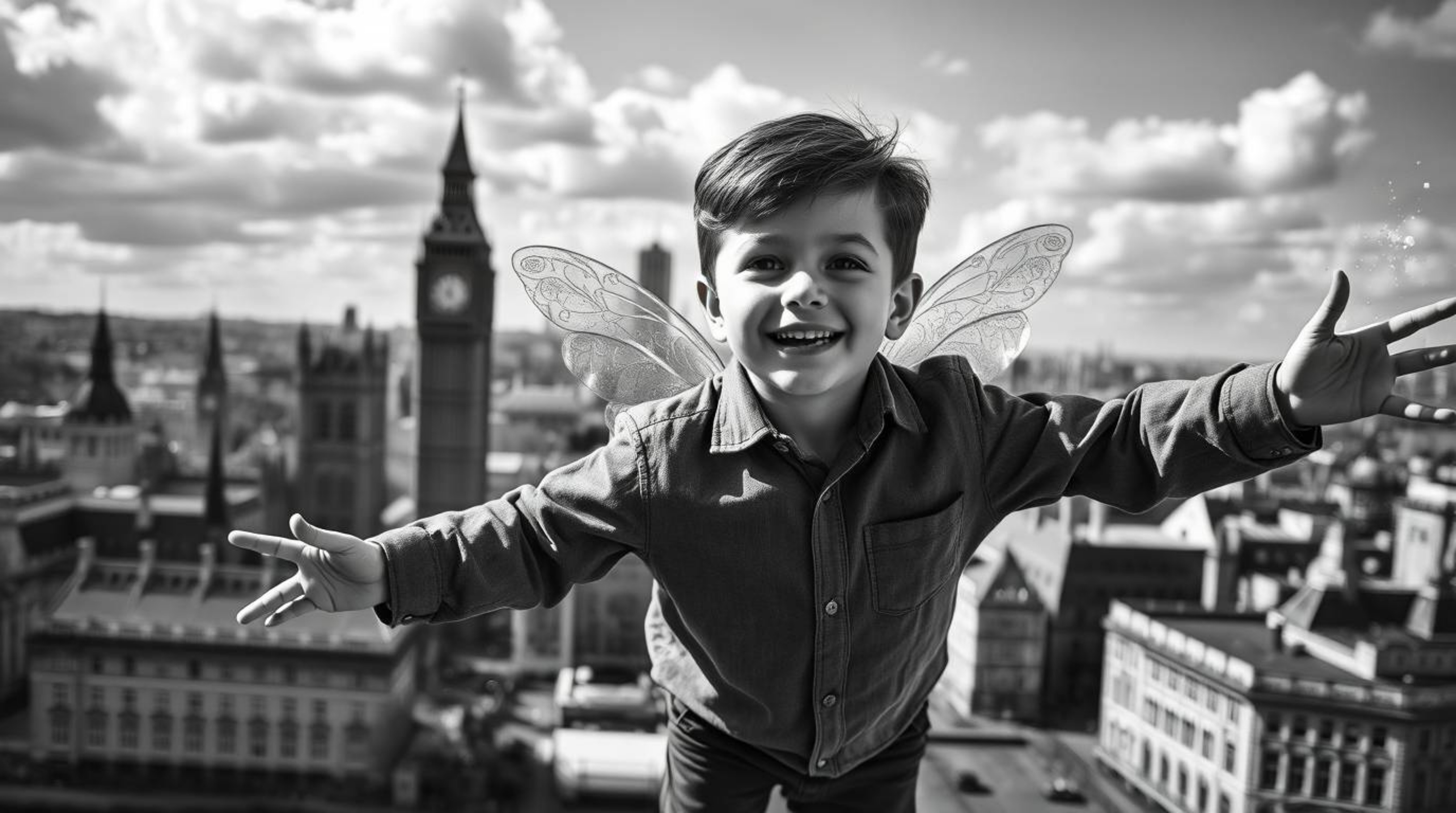 This is a high-resolution, classic black and white stock photo featuring a young boy with light skin, magically flying above 