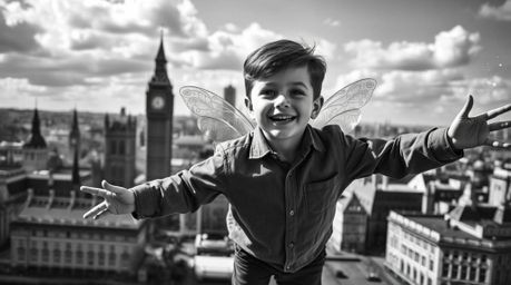 This is a high-resolution, classic black and white stock photo featuring a young boy with light skin, magically flying above 