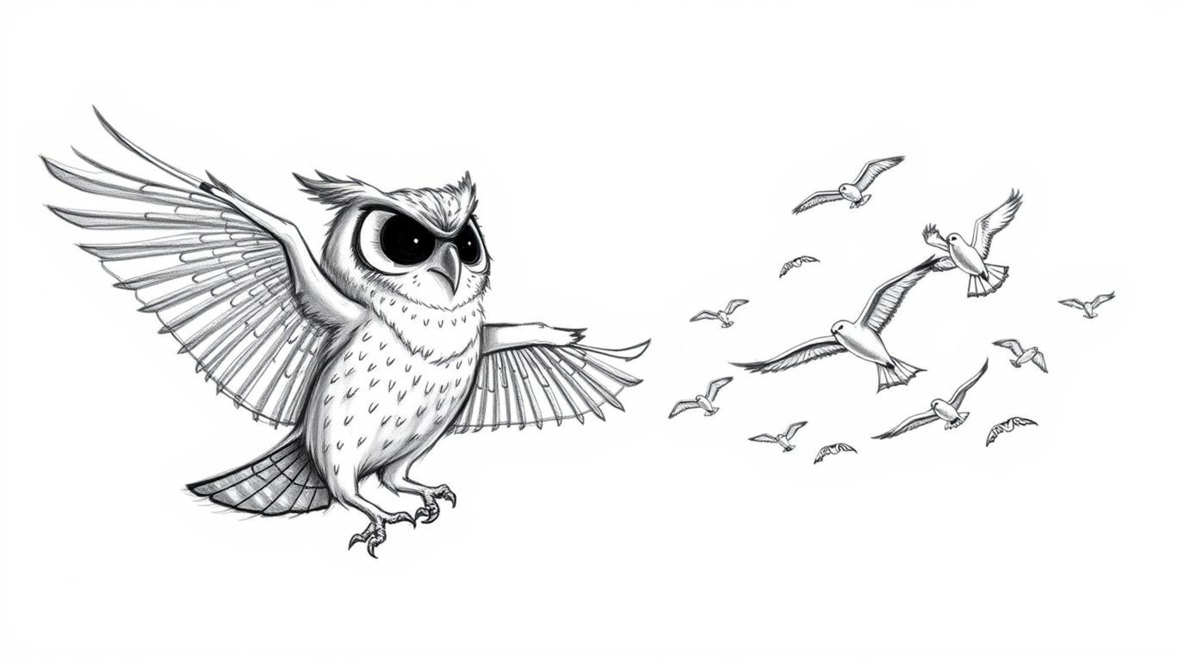 A hand-drawn sketch in Pixar style showcases a blind owl with a regal posture, its feathers detailed with texture.  The owl g
