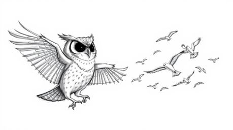 A hand-drawn sketch in Pixar style showcases a blind owl with a regal posture, its feathers detailed with texture.  The owl g
