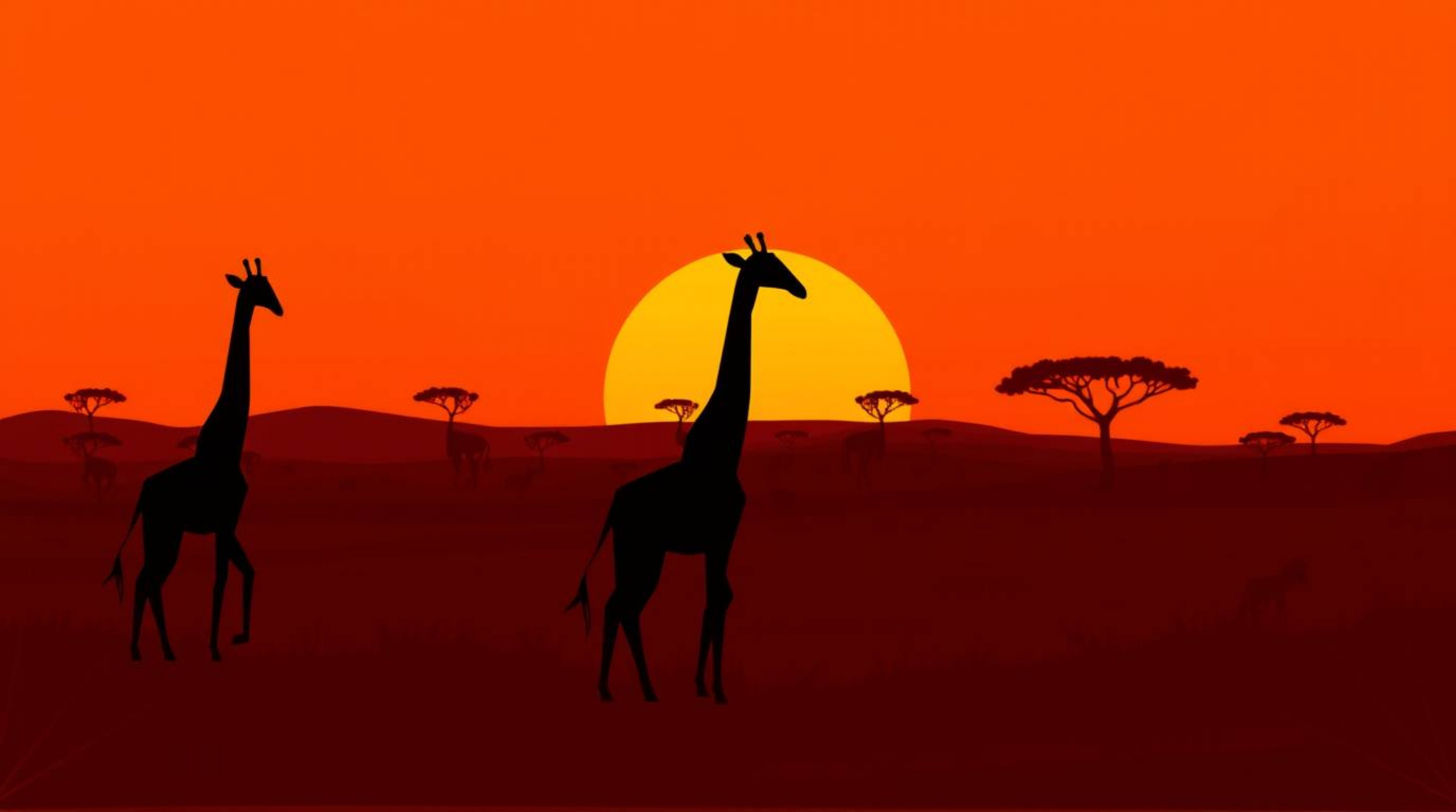 A captivating image depicting silhouetted giraffes against a warm savanna sunset, rendered in intricate origami style.  The s