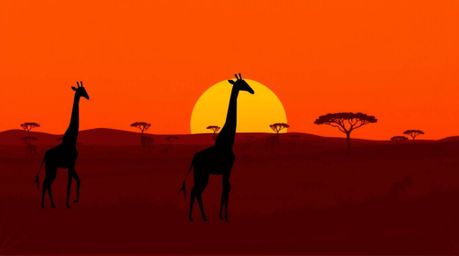 A captivating image depicting silhouetted giraffes against a warm savanna sunset, rendered in intricate origami style.  The s