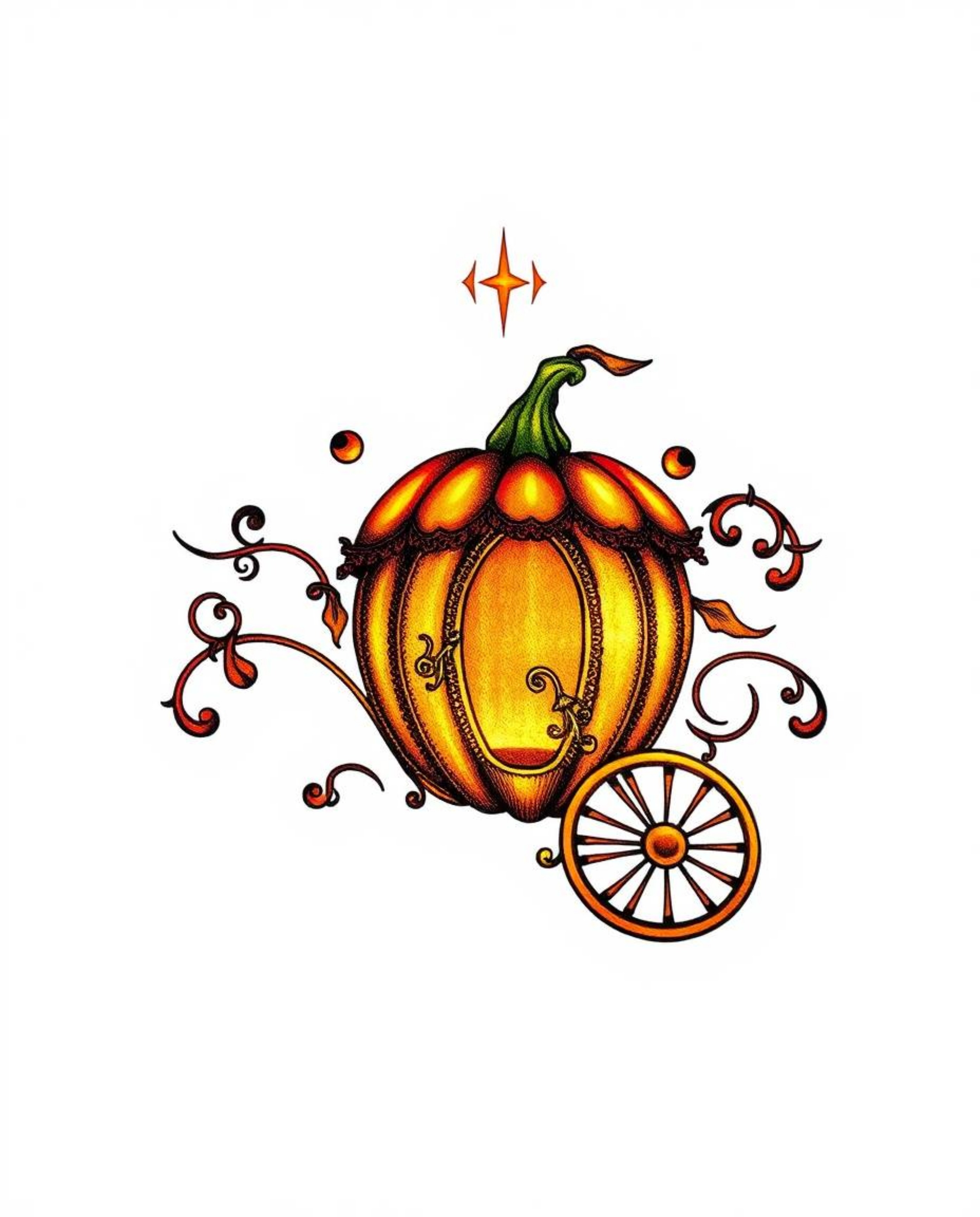 A vibrant and intricately detailed tattoo art print depicting a magical pumpkin transforming into a carriage. The design fea