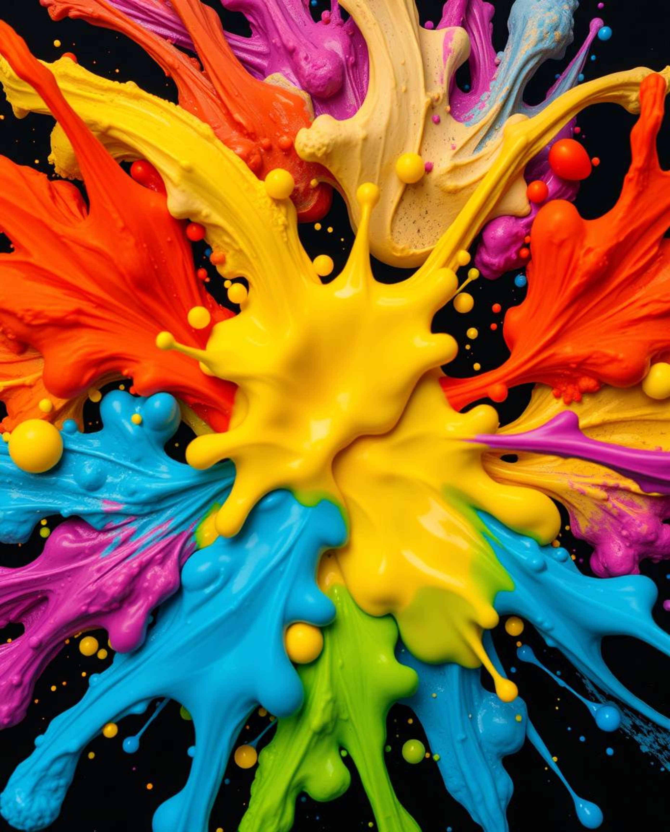 Overhead bird's-eye view showcases vibrant complementary colors with dynamic colorful splashes on a black background, capturi