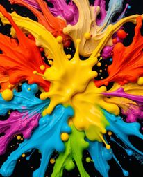 Overhead bird's-eye view showcases vibrant complementary colors with dynamic colorful splashes on a black background, capturi