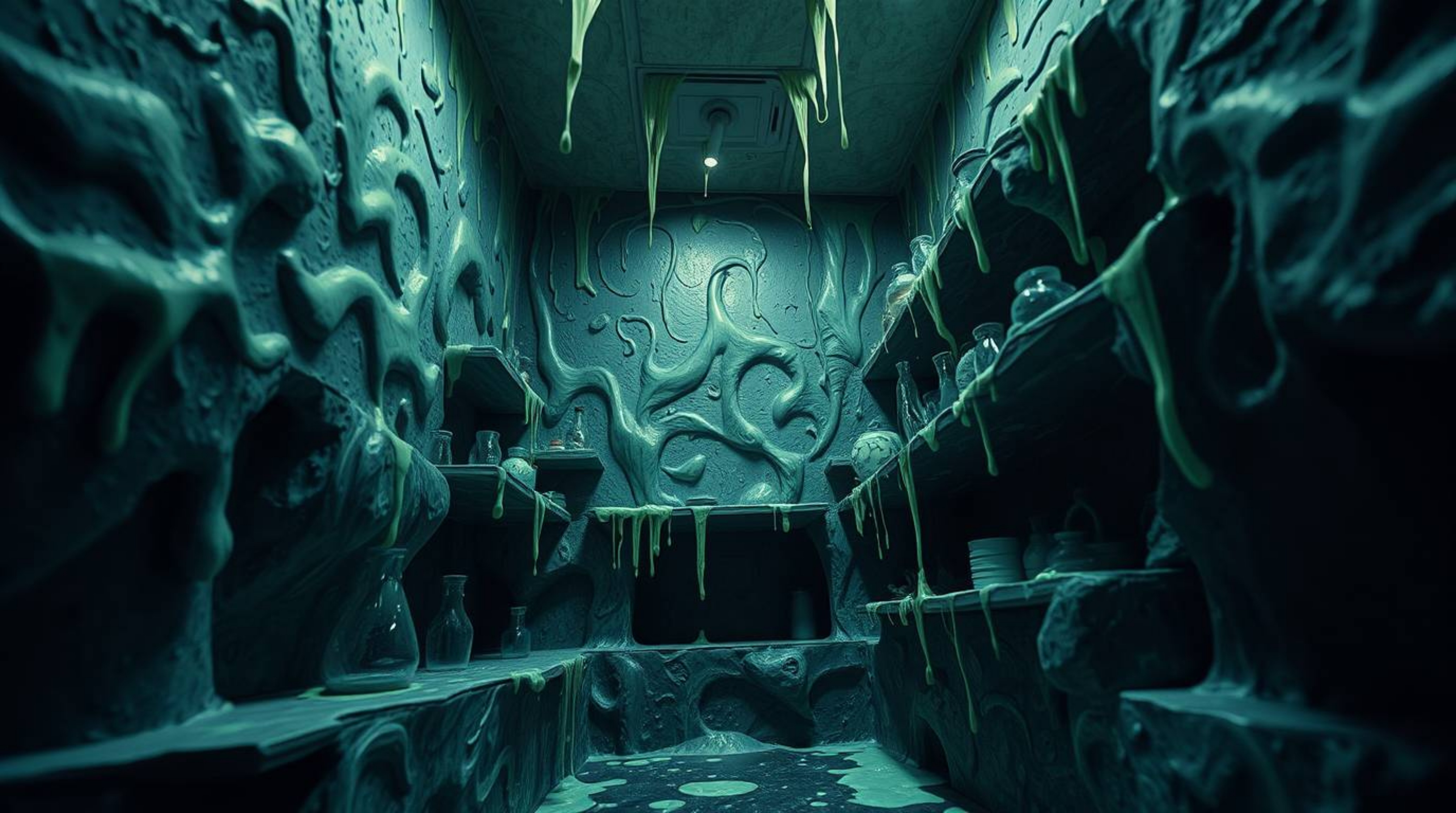 Explore a dramatic and unsettling science lab rendered in sculpted papier-mâché. This unique perspective offers a low-angle v