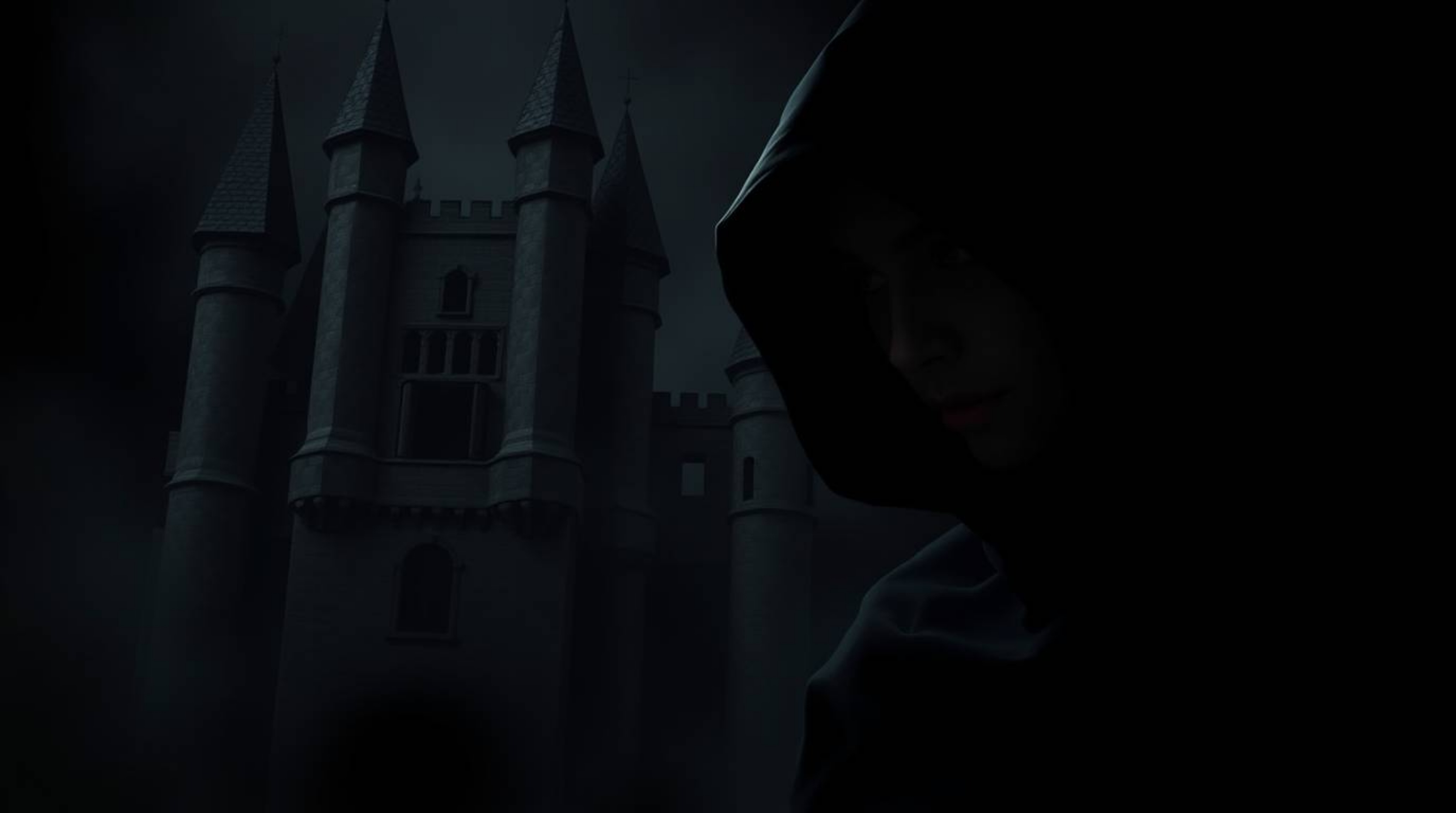 An intense, jet-black depiction of a graceful and elegant thief with refined features infiltrating a heavily guarded castle. 